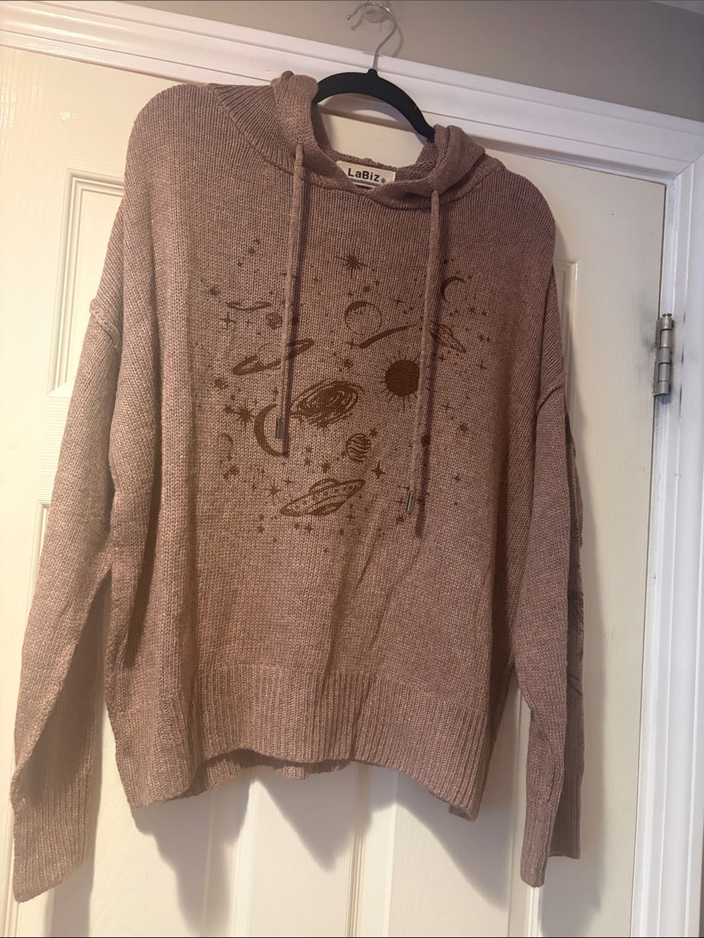 Cosmic Scoop-Neck Knit Hoodie Sweater in Cocoa S
